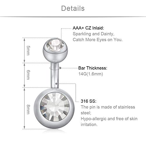 Funseedrr 3pcs Anillo de botón Corto del Vientre Conjunto de Acero quirúrgico 14Gauge 6mm Orejeras de Ombligo Piercing de joyería
