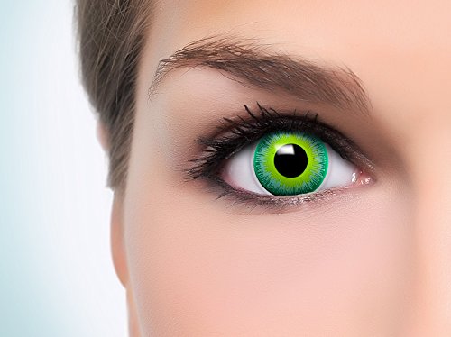 FUNZERA® Lentillas de Colores Green Alien + recipiente para lentes de contacto, sin dioptrías pack de 2 unidades - cómodas y perfectas para Halloween, Carnaval, sin corregir