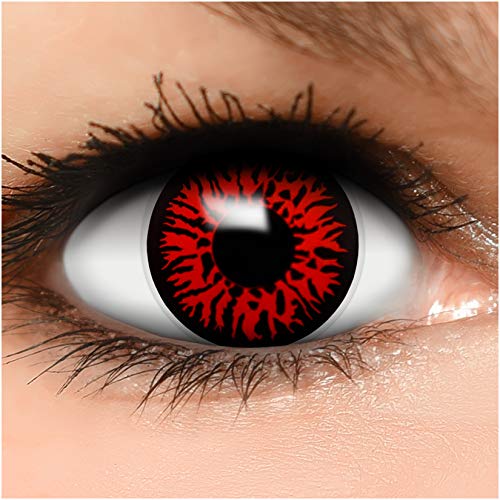 FUNZERA® Lentillas de Colores Red Demon + recipiente para lentes de contacto, sin dioptrías pack de 2 unidades - cómodas y perfectas para Halloween, Carnaval, sin corregir