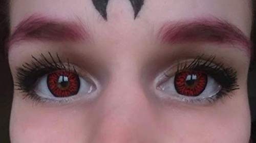 FUNZERA® Lentillas de Colores Red Demon + recipiente para lentes de contacto, sin dioptrías pack de 2 unidades - cómodas y perfectas para Halloween, Carnaval, sin corregir