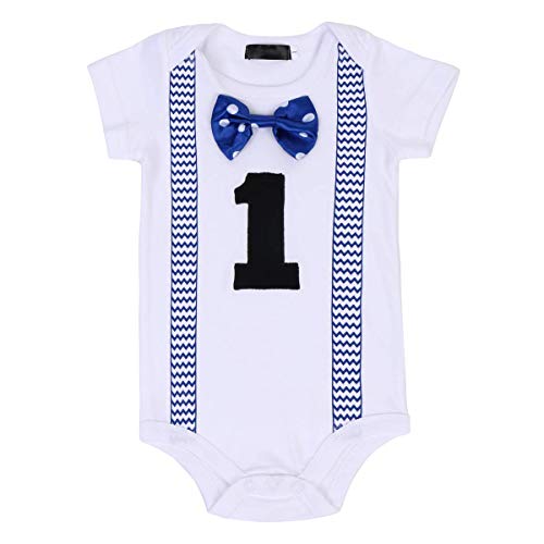 FYMNSI Bebé Niño Primer Cumpleaños Traje Algodón Manga Corta Caballero Corbata de Lazo Mameluco Pantalones Cortos Conjunto de Ropa 2pcs Fiesta Fotografía Cake Smash Outfit Azul