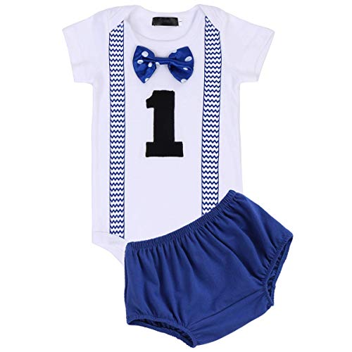 FYMNSI Bebé Niño Primer Cumpleaños Traje Algodón Manga Corta Caballero Corbata de Lazo Mameluco Pantalones Cortos Conjunto de Ropa 2pcs Fiesta Fotografía Cake Smash Outfit Azul