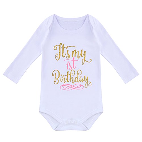 FYMNSI Infantil Bebé Niña Es mi Primer 1er Cumpleaños Estampado Manga Larga Mameluco Romper Body Tutú Falda Bowknot Diadema 3 Piezas Traje Set 1 Año Fiesta Fotografía Vestir Regalo Rosa