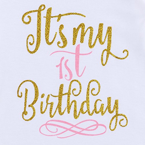 FYMNSI Infantil Bebé Niña Es mi Primer 1er Cumpleaños Estampado Manga Larga Mameluco Romper Body Tutú Falda Bowknot Diadema 3 Piezas Traje Set 1 Año Fiesta Fotografía Vestir Regalo Rosa