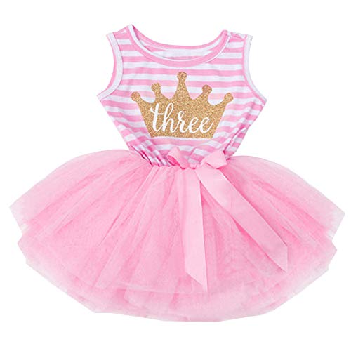 FYMNSI - Vestido de verano para niñas y bebés, diseño de princesas sin mangas, con estampado de tul y falda de fiesta con lazo Rosa Corona Rosa (3 Años) 3 años