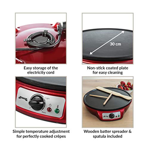 Gadgy ® Crepera Crêpes Maker | Diametro 30 cm 1000 W | | Plancha Anti Adherente | Temperatura Ajustable | Esparcidor y Espátula Incluido | Panqueques Tortitas Tortillas Wraps Bacón