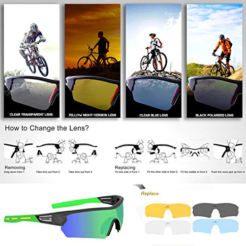Gafas Ciclismo Polarizadas con 5 Lentes Intercambiables Gafas de Sol Deportivas Antivaho Antireflejo Anti Viento y UV Adaptadas a Deporte Carrera Running Bicicleta MTB para Hombre y Mujer (Verde)