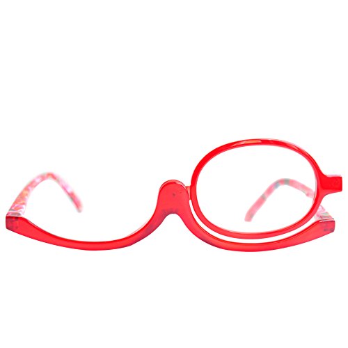 Gafas de Maquillaje, Gafas Para Maquillarse con Lente Abatible,Gafas con Lente que Gira Para Ayudarte con el Maquillaje con Funda Gratuita, Dioptrías +3.0 (Rojo)