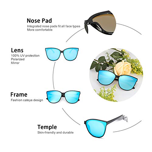Gafas de sol estilo ojo de gato extragrandes con lentes de protección 100% UV polarizadas para las mujeres que conducen gafas de moda (Marco Negro/Lente Azul)