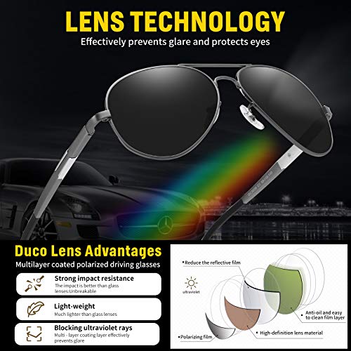 Gafas de sol polarizadas estilo aviador Unisex de Duco, gafas de piloto con bisagra de muelle, estuche y paño de limpieza, 3026 (Gunmetal-Gris)