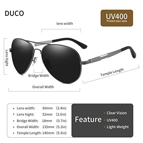 Gafas de sol polarizadas estilo aviador Unisex de Duco, gafas de piloto con bisagra de muelle, estuche y paño de limpieza, 3026 (Gunmetal-Gris)