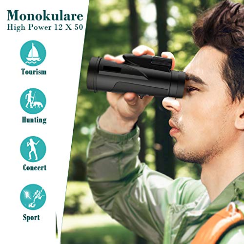 Gafild Monocular, 12 x 50 HD Monocular Impermeable monoculo telescopio portatil para Viajes de Caza, Juego de Pelota, Concierto con Adaptador de Soporte para Smartphone y trípode