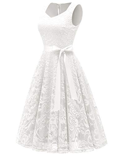 Gardenwed Elegante Una línea Sin Mangas Floral Encaje Corto Vestido De Fiesta Mujeres Cóctel Dama de Honor Fiesta Blanco M