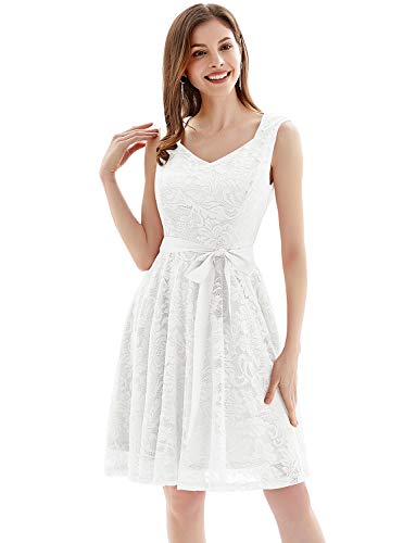 Gardenwed Elegante Una línea Sin Mangas Floral Encaje Corto Vestido De Fiesta Mujeres Cóctel Dama de Honor Fiesta Blanco M