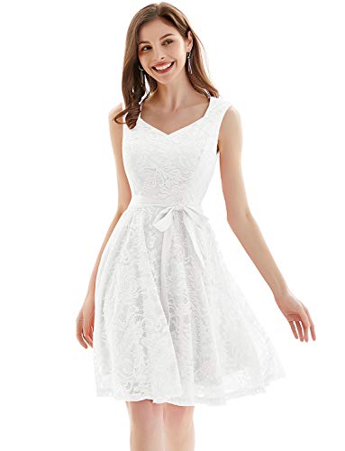 Gardenwed Elegante Una línea Sin Mangas Floral Encaje Corto Vestido De Fiesta Mujeres Cóctel Dama de Honor Fiesta Blanco M