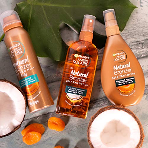 Garnier Ambre Solaire Natural Bronceador Autobronceador Aceite Seco, Bifase Autobronceado, Enriquecido con aceite de coco para piel bronceada luminosa e hidratada, 150 ml