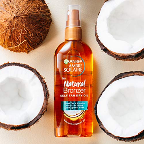 Garnier Ambre Solaire Natural Bronceador Autobronceador Aceite Seco, Bifase Autobronceado, Enriquecido con aceite de coco para piel bronceada luminosa e hidratada, 150 ml