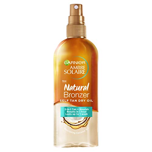 Garnier Ambre Solaire Natural Bronceador Autobronceador Aceite Seco, Bifase Autobronceado, Enriquecido con aceite de coco para piel bronceada luminosa e hidratada, 150 ml