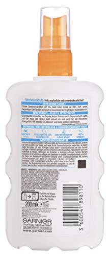 Garnier Ambre Solaire Sunscreen Spray Experto Sensible + / Sun Spray / SPF 50 para pieles sensibles, 1 paquete de prueba de agua - 200 ml