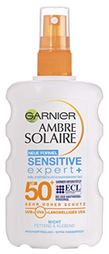 Garnier Ambre Solaire Sunscreen Spray Experto Sensible + / Sun Spray / SPF 50 para pieles sensibles, 1 paquete de prueba de agua - 200 ml