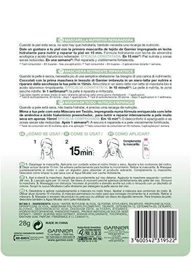 Garnier Skin Active Nutri Bomb Milky Mask Tissu Reparadora Mascarilla de Tejido con Leche de Almendra Ecológica y Ácido Hialurónico para Pieles Secas y Tirantes 36 g