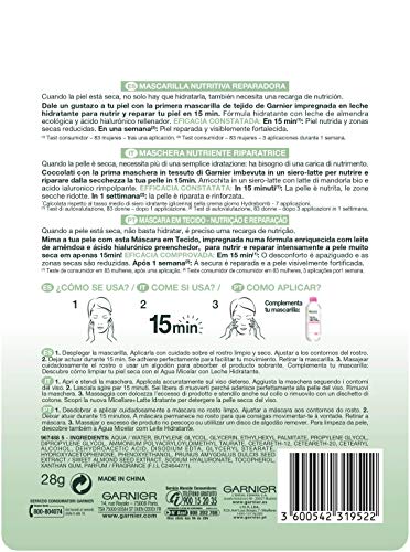Garnier Skin Active Nutri Bomb Milky Mask Tissu Reparadora Mascarilla de Tejido con Leche de Almendra Ecológica y Ácido Hialurónico para Pieles Secas y Tirantes 36 g