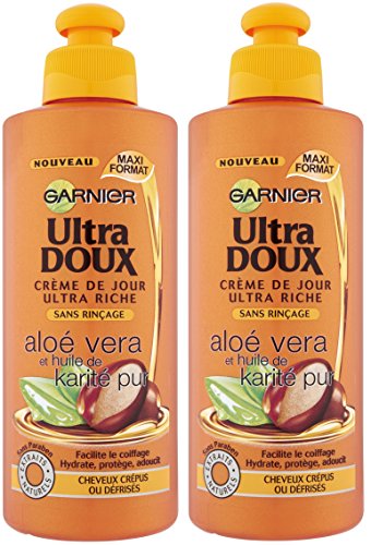 Garnier – Ultra Doux con aloe vera y aceite de karité puro – Crema de cuidado sin aclarado para cabello muy seco o rizado – Juego de 2 unidades