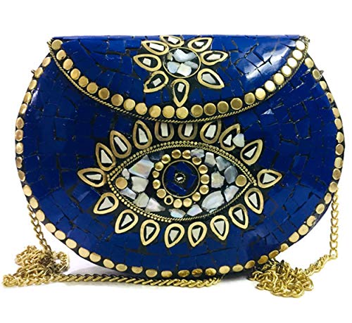 Gauri Mosaico de piedra azul bolsa de metal antiguo embrague étnico indio antiguo monedero partido embrague bolso de las mujeres