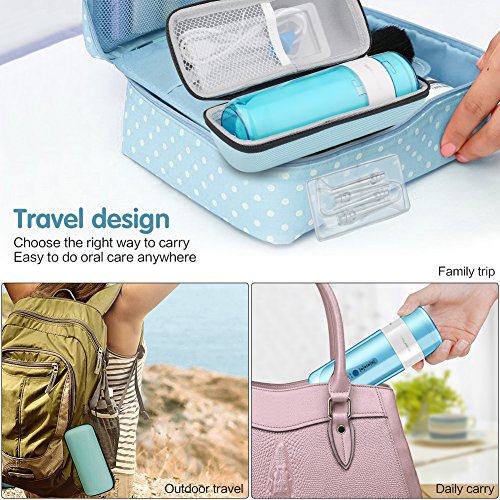 GEEDIAR Irrigador Bucal, Irrigador Dental Portátil USB Recargable Eléctrico Inalámbrico IPX7 Impermeable 150ml Irrigador Oral con 5 Boquillas y Nariz, Aprobado por la FDA, Azul / Blanco