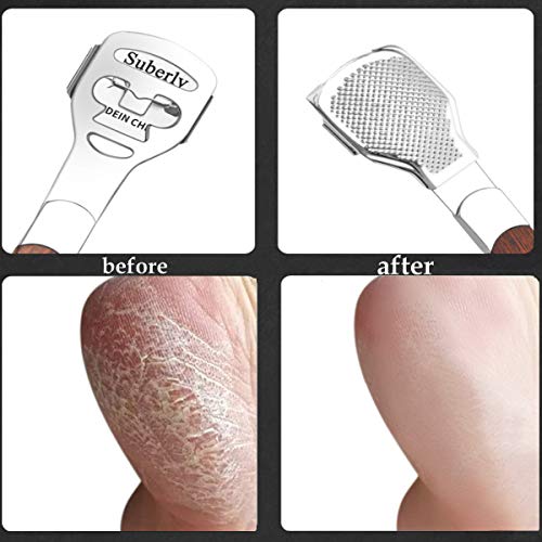 GeekerChip Lima de Callos de Acero Inoxidable con Mango de Madera,Cortacallos para Eliminar Callos y Durezas con 10 Cuchillas Incluidas para Pedicura y Cuidado de Pies