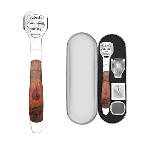 GeekerChip Lima de Callos de Acero Inoxidable con Mango de Madera,Cortacallos para Eliminar Callos y Durezas con 10 Cuchillas Incluidas para Pedicura y Cuidado de Pies