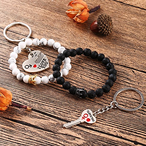 Gejoy Pulseras de Parejas de Abalorios Pulsera de Distancia Larga y Llavero de Llave para Desbloquear mi Corazón para Amantes, Amigos