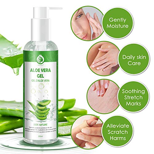 Gel de Aloe Vera, 100% Orgánico Aloe Vera Gel de Crema Hidratante con Ácido Hialurónico y Vitamina C, Para Pieles Secas y Quemadas Por el Sol, Gel Hidratante Antiinflamatorio Anti-Edad, 250 ml
