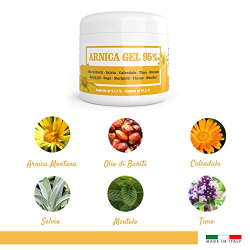 Gel de Árnica 95% - 500 ml - Calmante con Arnica Montana, Aceite de Buriti, extractos de Salvia y Caléndula, aceite esencial de Tomillo y Mentol - Natural 97,5%