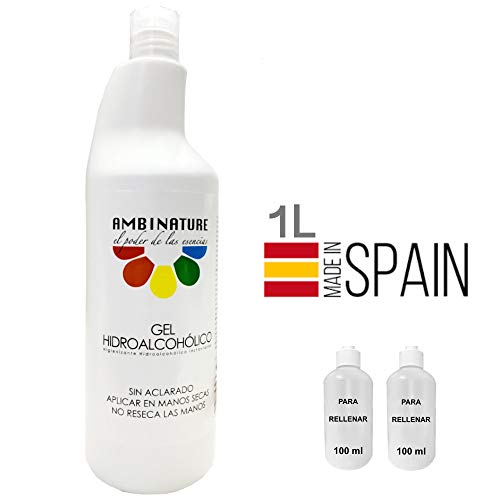 Gel hidroalcoholico manos 1 litros desinfectante de manos liquido antiseptico antibacteriano jabon antiséptico a base de alcohol ideal para dispensadores/Incluye 2 botes de 100ml para rellenado