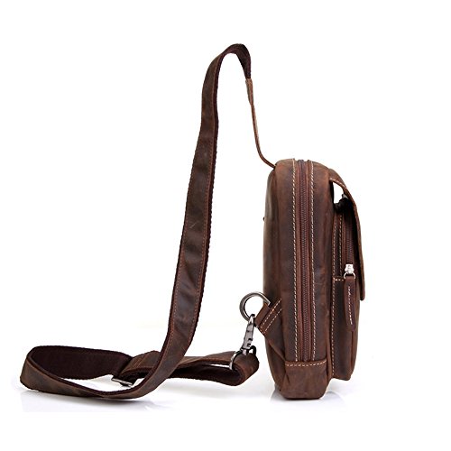 Gendi Cuero genuino de la vaca para hombre Deporte Excursionismo Viajar Cruzar Pecho Bolsa de hombro Daypack Bolso de la honda (Marron oscuro)