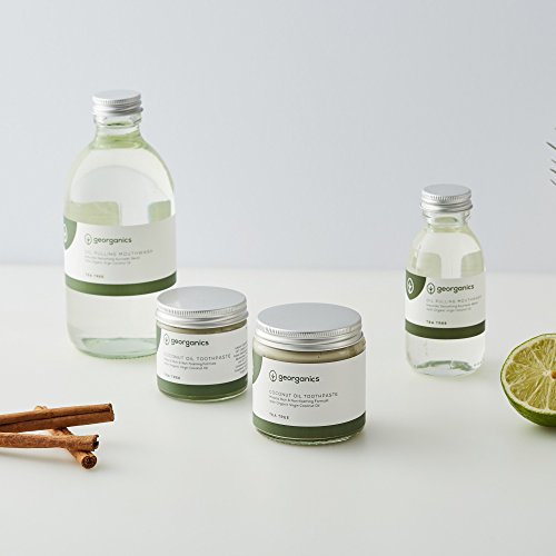 Georganics, Enjuague Bucal Natural 300ml + Dentrífico de Aceite de Coco 120ml – Árbol de Té