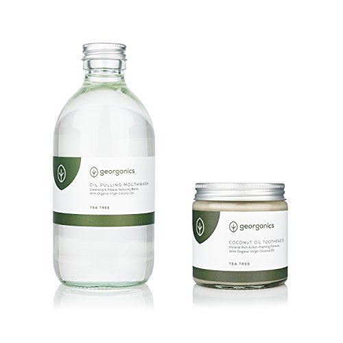 Georganics, Enjuague Bucal Natural 300ml + Dentrífico de Aceite de Coco 120ml – Árbol de Té