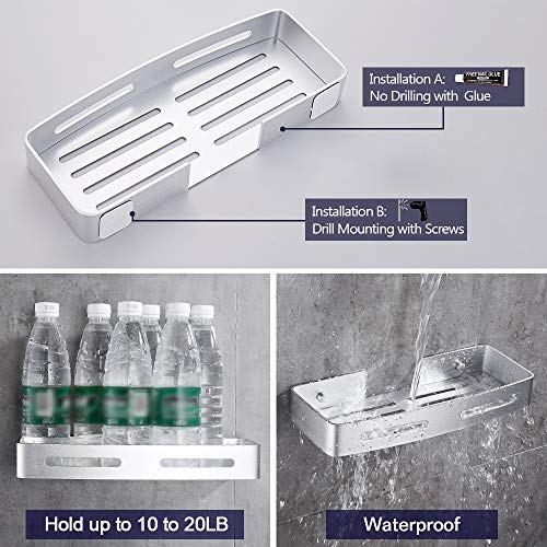 GERUIKE Estante de baño cuadrado, Cesta de ducha, Organizador de pared para cocina, Aluminio espacial, Instalación sin taladro, Sin daños, Adhesivo