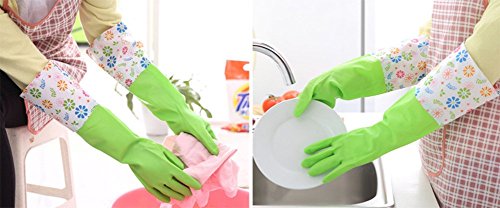 Gespout Guantes Limpias Gel de Sílice Calor Antideslizante Impermeable Gloves para Chef Cocina Baño Barbecue Patrón de Flores 1par 50cm Verde