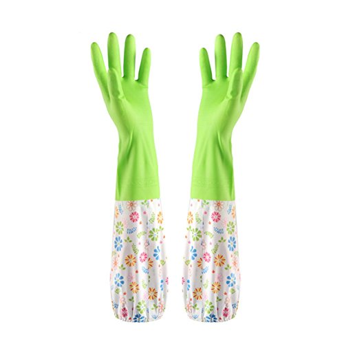 Gespout Guantes Limpias Gel de Sílice Calor Antideslizante Impermeable Gloves para Chef Cocina Baño Barbecue Patrón de Flores 1par 50cm Verde