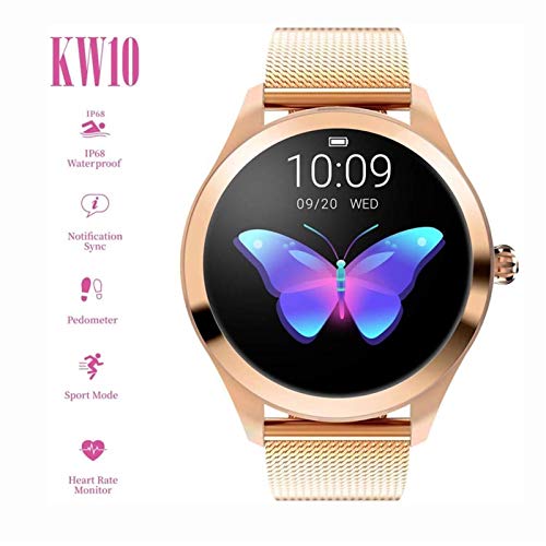 GFFTYX Inteligente Reloj KW10, Ronda Pantalla táctil IP68 a Prueba de Agua for la Mujer SmartWatch, rastreador de Ejercicios con el Ritmo cardíaco y el sueño podómetro, Pulsera for iOS/Android