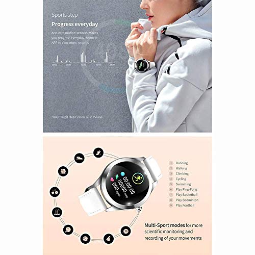 GFFTYX Inteligente Reloj KW10, Ronda Pantalla táctil IP68 a Prueba de Agua for la Mujer SmartWatch, rastreador de Ejercicios con el Ritmo cardíaco y el sueño podómetro, Pulsera for iOS/Android