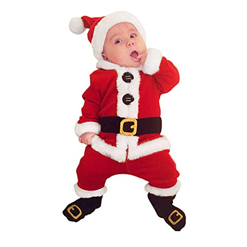 ggudd Niño Bebé Christmas Santa Abrigos Tops y Pantalones y Sombrero y Calcetines 4 Piezas Trajes Cálidos(Rojo Blanco,0-6 Meses)