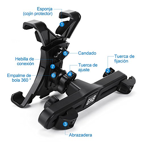 GHB Soporte para Tablet con Adaptador para Reposacabezas de Coche - Compatible con iPad, Samsung Galaxy y otras Tabletas de 7-10 Pulgadas