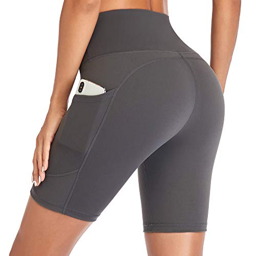 Gimdumasa Pantalones Cortos Deporte Mujer Cintura Alta Shorts Leggins Pantalones Cortos de Yoga para Correr Gym Fitness Mallas Deportivos con Bolsillos Laterales GI371