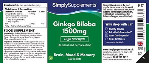 Ginkgo Biloba 1500mg - ¡Bote para 6 meses! - Apto para veganos - 360 comprimidos - SimplySupplements