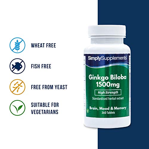 Ginkgo Biloba 1500mg - ¡Bote para 6 meses! - Apto para veganos - 360 comprimidos - SimplySupplements