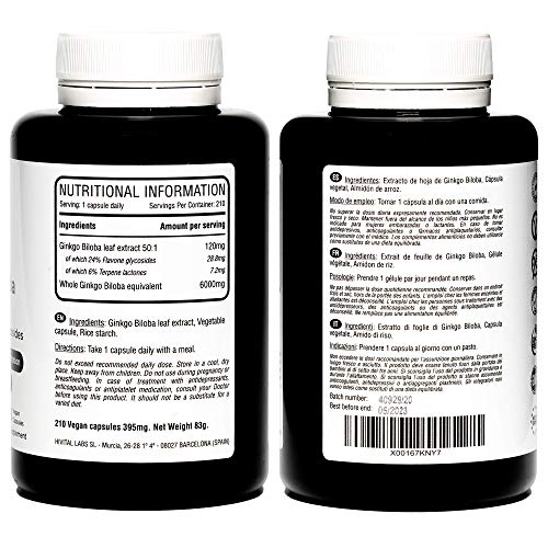 Ginkgo Biloba 6000 mg | 210 cápsulas veganas para 7 meses | 100% Natural con 24% Flavonoides y 6% Terpenos | Potente antioxidante que mejora la memoria, la concentración y la circulación sanguínea
