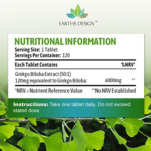 Ginkgo Biloba 6000mg - Extracto de la Hoja del Ginkgo - Para Hombres y Mujeres - Apto Vegetarianos - 120 Pastillas (Suministro Para 4 Meses) de Earths Design